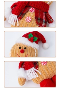 Detailed macro of the gingerbread plush doll texture, red scarf and knit hat accents