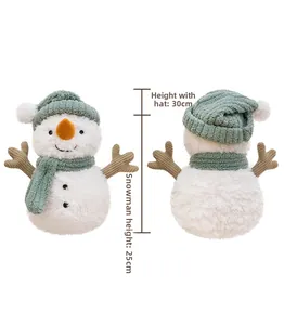 Detailed front and back view of plush snowman with knit hat and corduroy arms