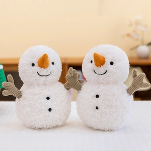 Cute plush snowman dolls with orange carrot noses and grey corduroy arms for home decor