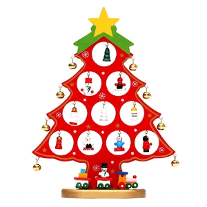 Creative red wooden Christmas tree tabletop decor with miniature ornaments and a small train