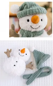 Detail of cute snowman plush toy with knitted green hat and scarf for Christmas decor