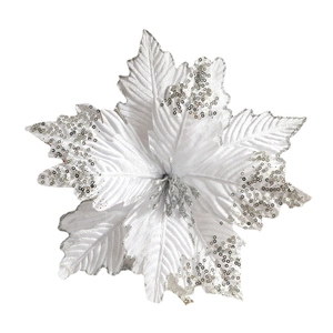 White artificial Christmas poinsettia flower with silver sequins for festive tree decoration