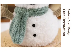 Close-up of cute snowman plush toy with soft white fur and a green cartoon scarf detail