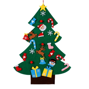 DIY felt Christmas tree set for kids with colorful ornaments on a white background