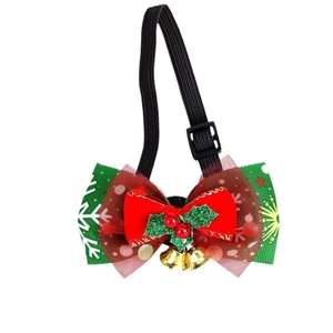 Christmas pet bow tie collar with green holly leaves and golden bells for cats and dogs