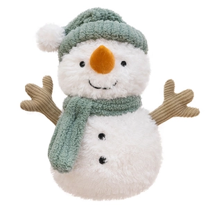 Cute plush snowman doll with green knit hat and brown corduroy arms for winter decor