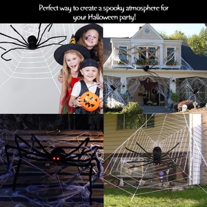 Giant black Halloween spider with red glowing eyes and white web on house exterior