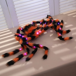 Macro detail of 125cm Halloween spider decoration with glowing purple LED lights on legs