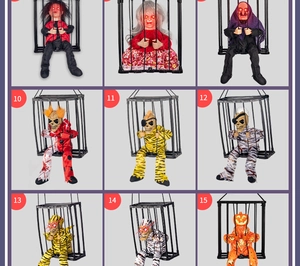 Detailed grid showing Halloween hanging ghosts with glowing red eyes and cages