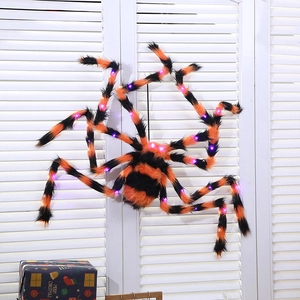 Detailed view of 125cm Halloween spider with purple LED lights and orange-black stripes