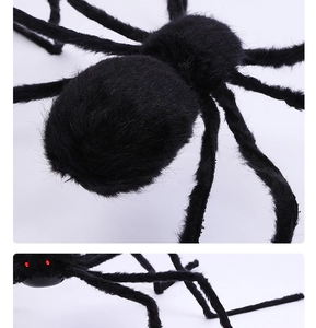 Close-up of Halloween giant spider with realistic black fur and glowing red LED eyes