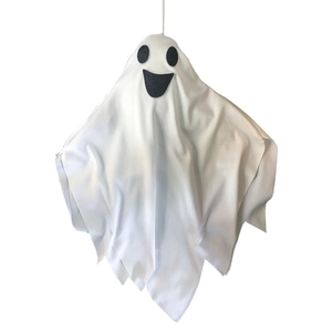 Hanging white ghost decoration with expressive face for Halloween yard and porch decor