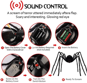Detailed guide for 125cm electric spider showing battery compartment and sound control setup