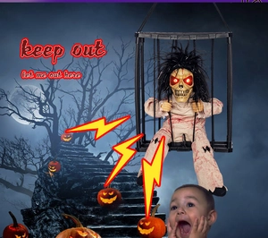 Detail of Halloween prisoner ghost in cage with glowing red eyes and bloody clothes