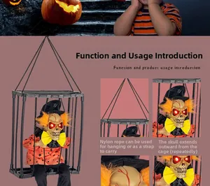 Detail of Halloween animated cage ghost with glowing red eyes and moving head feature