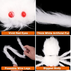 Detail of white furry Halloween spider with red bead eyes and flexible metal wire legs