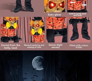 Detailed views of animated Halloween clown ghost featuring glowing eyes and sensor activation