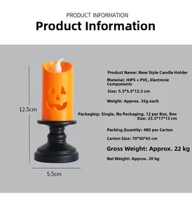 Halloween pumpkin lantern candle with LED flame on black vintage stand, size 5.5x12.5cm