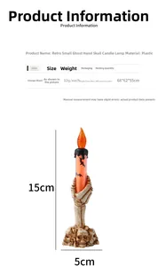 Detail of Halloween skeleton hand candle lamp showing 15cm height and 5cm base dimensions