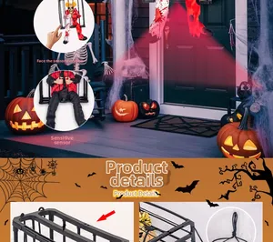 Close-up of Halloween motion sensor prisoner in cage with glowing eyes and realistic blood