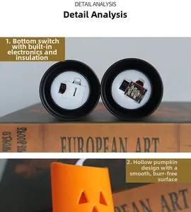 Detail view of Halloween pumpkin candle base with power switch and battery compartment