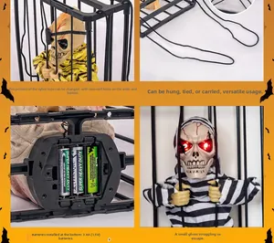 Detail showing battery compartment, LED eyes, and hanging ropes of Halloween caged ghost