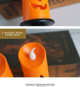 Detail of Halloween pumpkin LED candle with flickering wick and carved face design