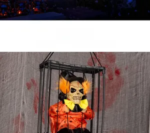 Detailed view of Halloween skeleton prisoner in cage with orange shirt and high hat