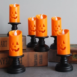 Halloween LED Pumpkin Electronic Candle Light Orange Plastic Hollow Pumpkin Face Decoration With Black Retro Base Party