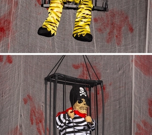Detail of Halloween cage prisoner pirate skeleton with striped clothing and tiger patterns