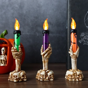 Halloween LED Candle Lamp Skeleton Hand Holder Gothic Bat Pattern Electronic Light For Party Table Decor Ornaments