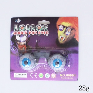 Detail of scary spring eyeball glasses in purple blister packaging for Halloween fun