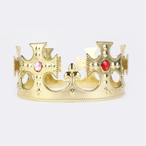 Golden plastic king crown with red faux jewels for kids Halloween party dress up