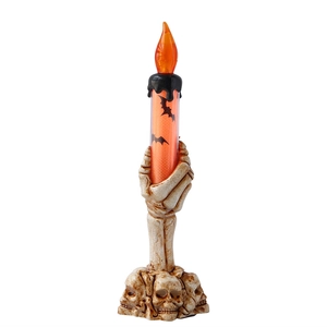 Halloween LED candle light featuring orange bat patterns and a skeleton hand stand