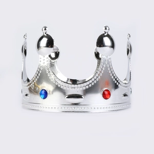 Silver plastic king crown for kids with red and blue faux gems for party dress up cosplay