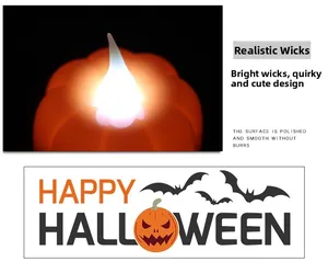 Detail of Halloween pumpkin LED candle featuring realistic wick and warm lighting glow