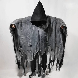 Halloween Umhang mit Kapuze aus grauem zerfetztem Netz für Grusel-Kostüme