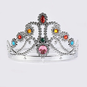 Silver plastic kids king crown with colorful faux gemstones for birthday party costumes