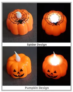 Detail view of spider web and pumpkin face LED candles showing light on/off effects