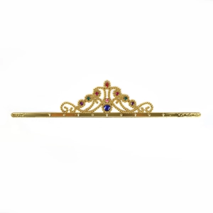 Golden plastic king crown for kids with colorful faux gemstones and filigree detail