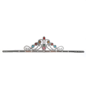 Detail of silver crown with colorful gemstones and adjustable metal headband for kids