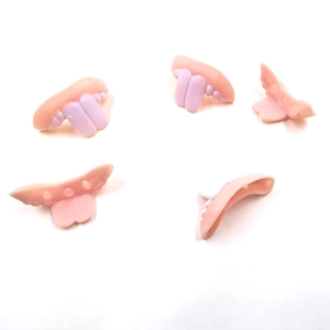 Detailed macro view of 5-piece silicone dog dentures and tongue for prank toy DIY