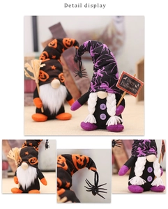 Detail display of Halloween gnome plush dolls with pumpkin patterns and spider web accents