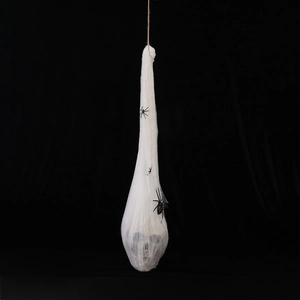Halloween skull cocoon hanging prop with white spider web and black plastic spiders decor