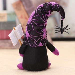 Halloween gnome plush with purple spider web hat and hanging spider decoration
