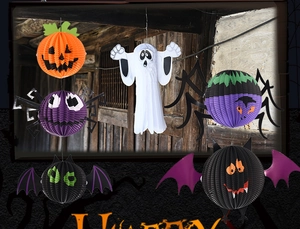 Décorations d'Halloween en papier nid d'abeille 3D avec citrouille fantôme et chauve-souris