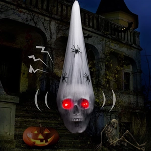 Halloween hanging skull head with glowing red eyes and black spiders for haunted house decor