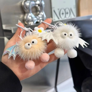 Cute fluffy mink fur bat plush keychain for bags with sparkling wings and big eyes
