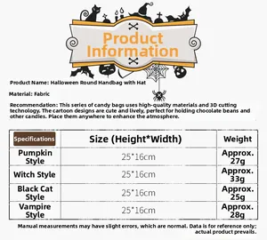 Detailed size chart for Halloween candy bags including pumpkin and witch designs