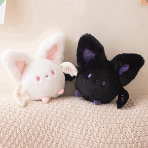 Plush round bat toy dolls in black and white with soft fur and large wings for Halloween